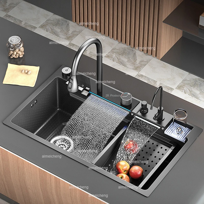 Waterfall Sink Kitchen Stainless Steel Large Single Slot Multifunctional Tank Apartment Wash Basin Drainage on the left