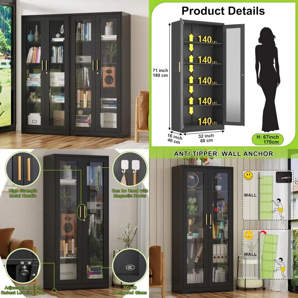 Высокая металлическая витрина со стеклянными дверцами, безопасный шкаф Curio для домашнего декора, 71, высокая витрина для кухни или гостиной