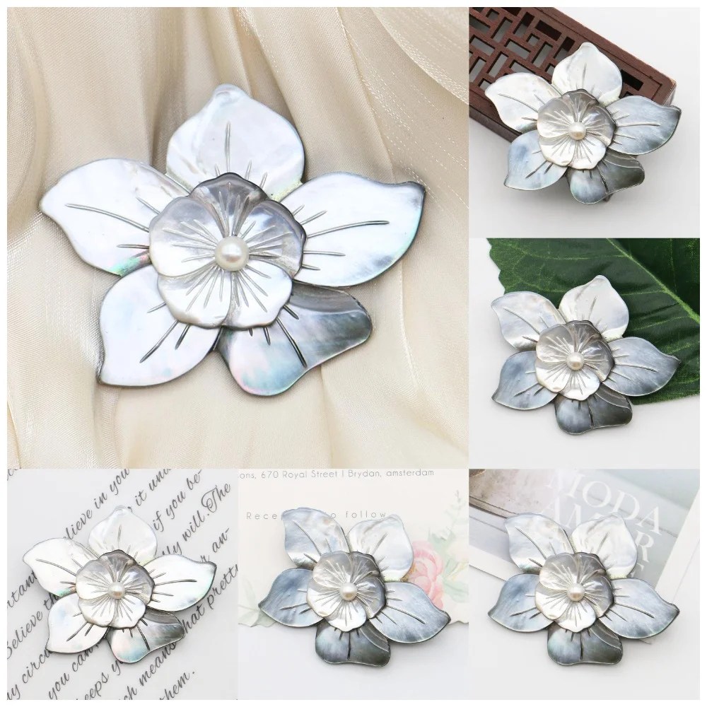 Exquisite Natural Black Shell Pendants Double Flower Shape Shell Inlaid Shell Pearl Design Two-purpose Brooch Jewelry 1 Pc/pack