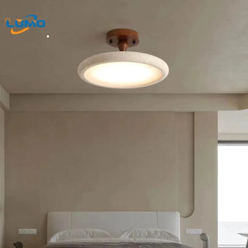 Japanese Retro Wooden Base LED Ceiling Lights Dimmable Bedroom Living Room Study Hotel Rotundity Yellow Travertine Hanging Lamps