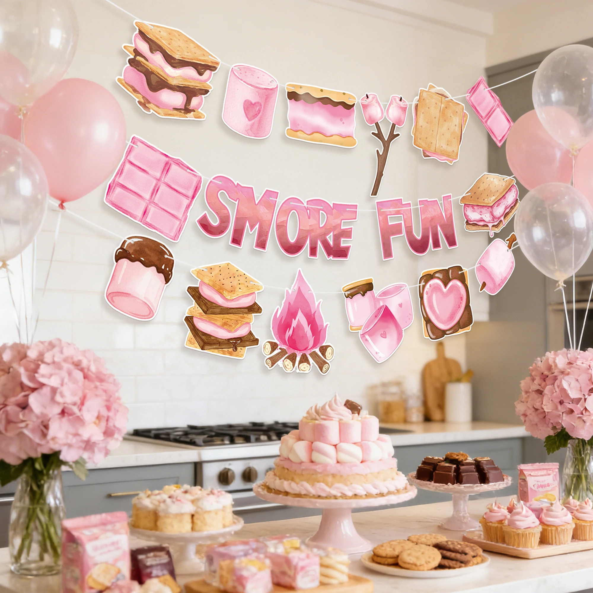 Guirnalda Decorativa Preensartada Rosa S'more Fun, Decoración para Fiesta de Cumpleaños con Temática de Fogata, con Malvaviscos, Chocolate y Galletas Graham