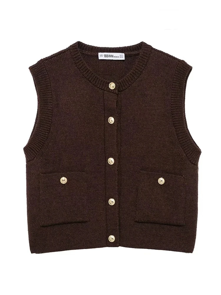 

Women's Fashion Elegant Solid Color Knit Vest Round Collar Single Breasted Sleeveless Double Pocket Sweater 2024 Y2K Top