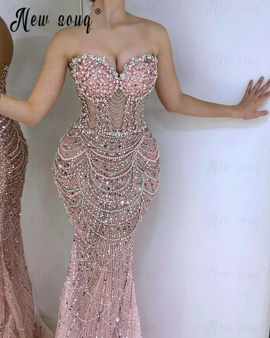 Long Mermaid Prom Dresses com pérolas rosa, Glitter Party Dresses, Sweetheart Gowns, Bespoke Ocasião Vestidos, Couture árabe, 2024