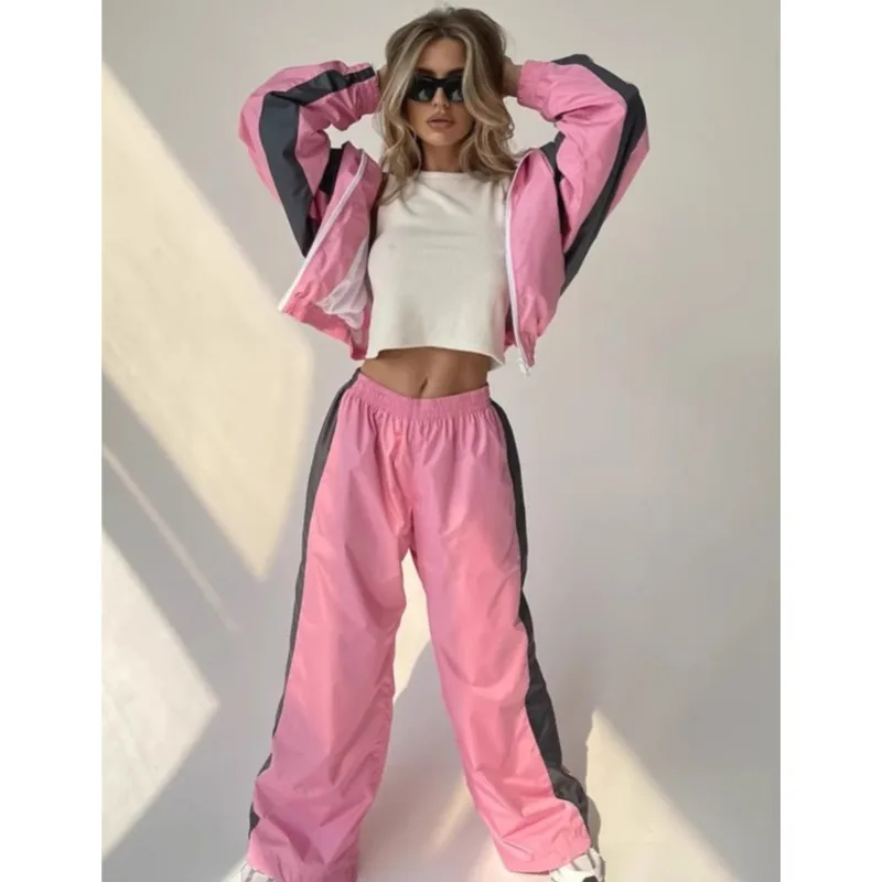 Women's Casual Loose Long Sleeve Solid Color Pants Sets Fashion New Block Zipper Open Cardigan Contrast Top Long Pant Sporty Set