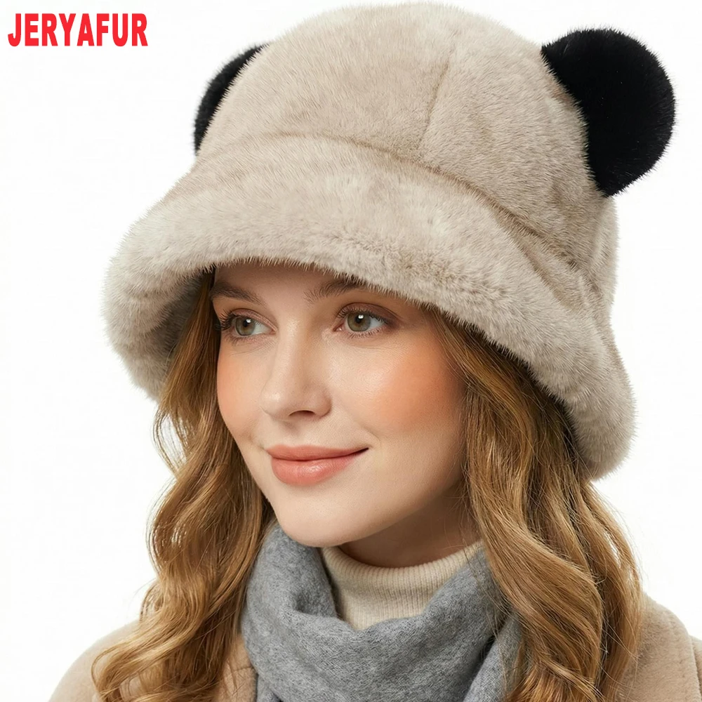Women Beige Faux Fur Bucket Hat, Cute Panda Ears Design, Soft Fluffy Wide Brim Winter Cap, 55‑60cm Head Circumference