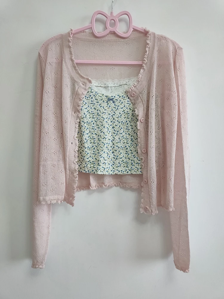 Süße 2 Stück Tops Frauen Sommer Cardigans und Crop Tops für süße Mädchen Blumen druck Croped Kawaii Kleidung