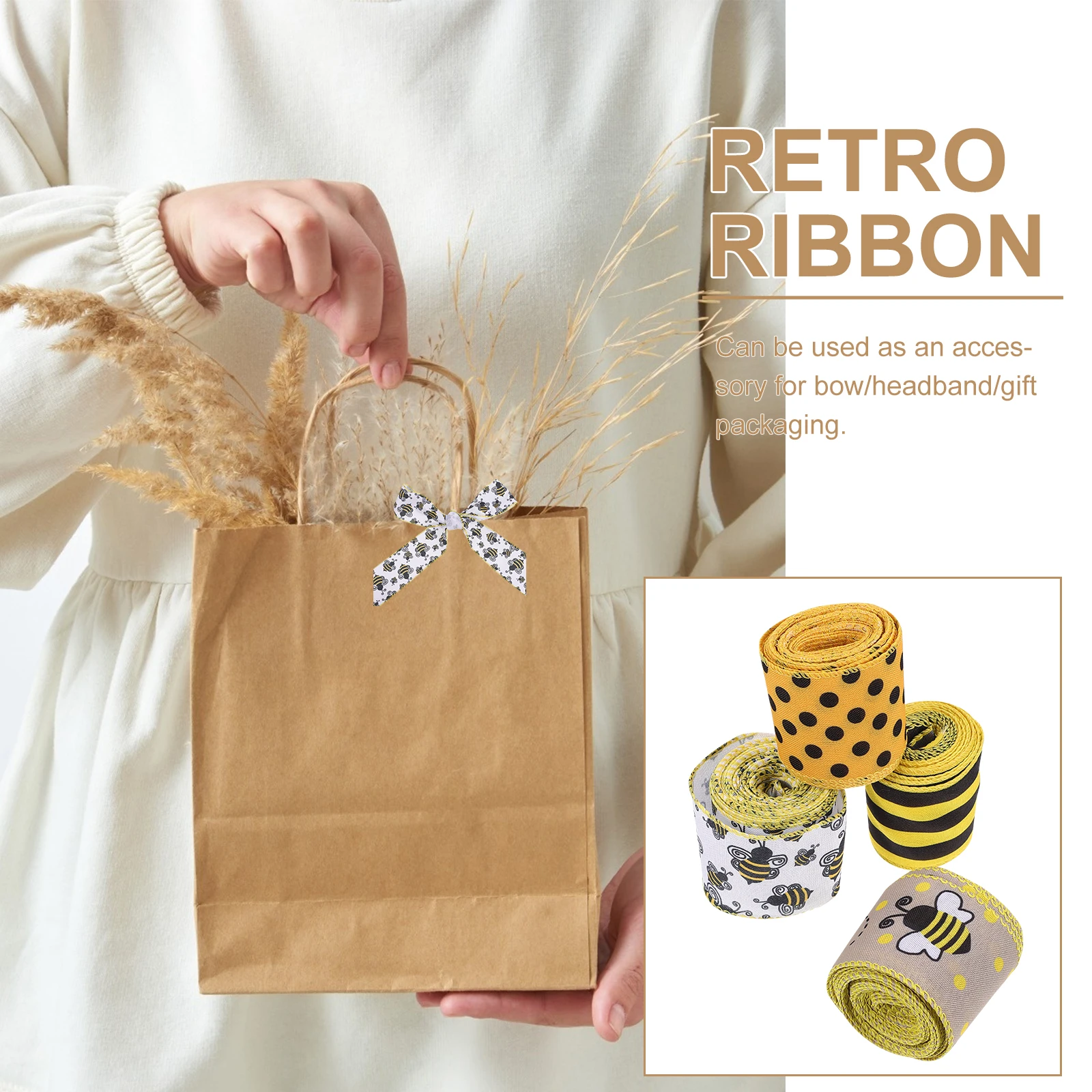 

4 Rolls Decorative Webbing Bee Wired Ribbon 63mm Width 24M Total Polyester Ribbons for DIY Gift Wrapping Shoes Hats Costumes