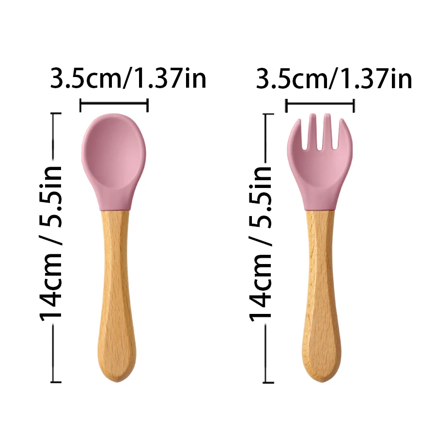 2PCS/Set Silicone Baby Spoon Fork Feeding Training Cutlery Wooden Handle Baby Utensils Children Care Tools Baby Tableware