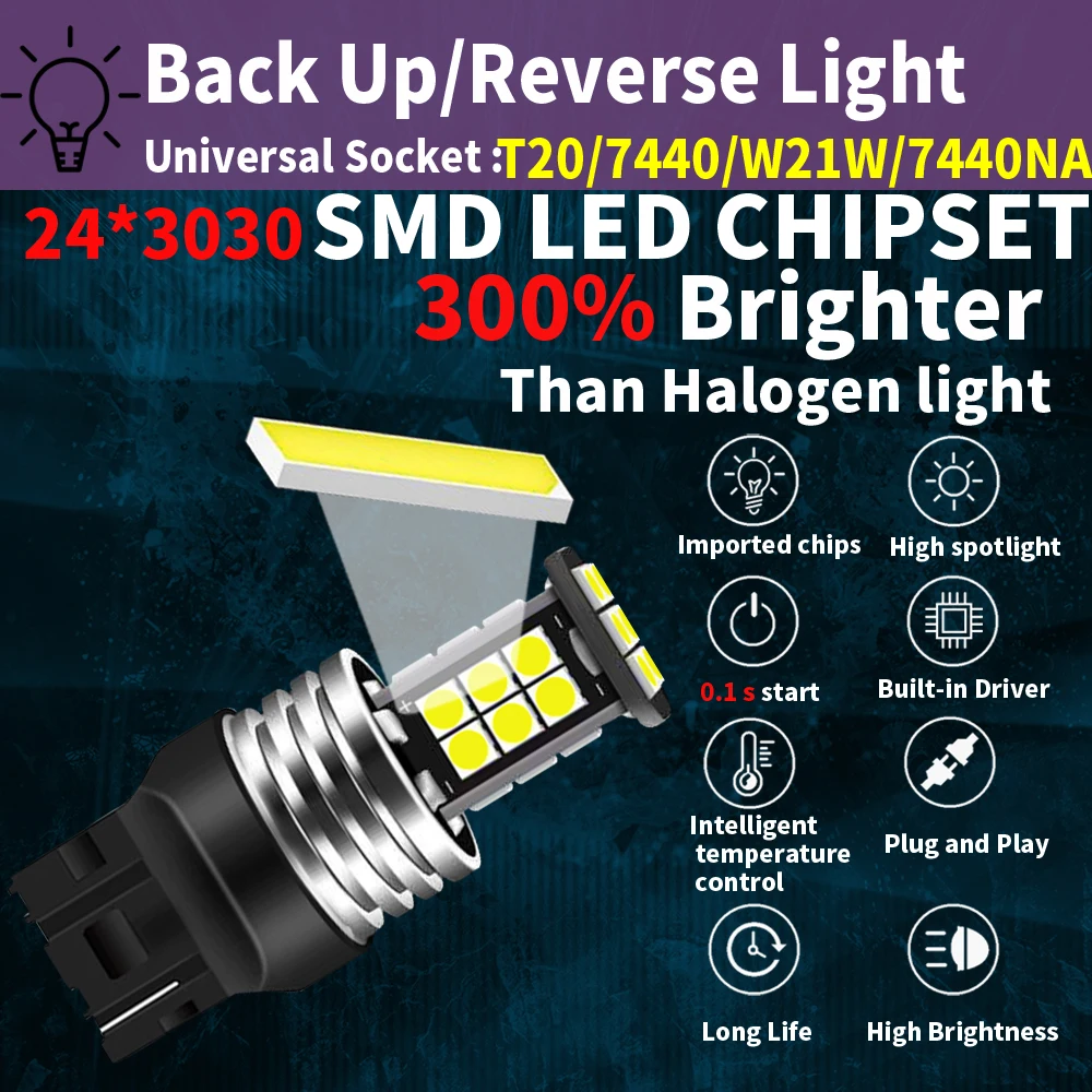 2pcs T20 W21W 7440 LED Canbus Reverse Light 7505 Backup Bulb For Toyota Camry V2 Corolla E11 MR2 iQ Prius W3 Plus W4 Yaris P15 view 2
