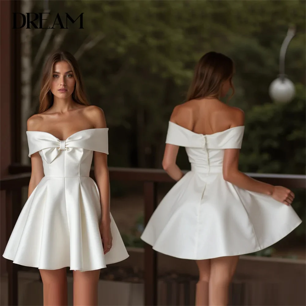 

DREAM Bow Off The Shoulder Short A-Line Wedding Dress Satin Open Back Pleat Above-Knee Bridal Gown Vestido De Noiva Customized