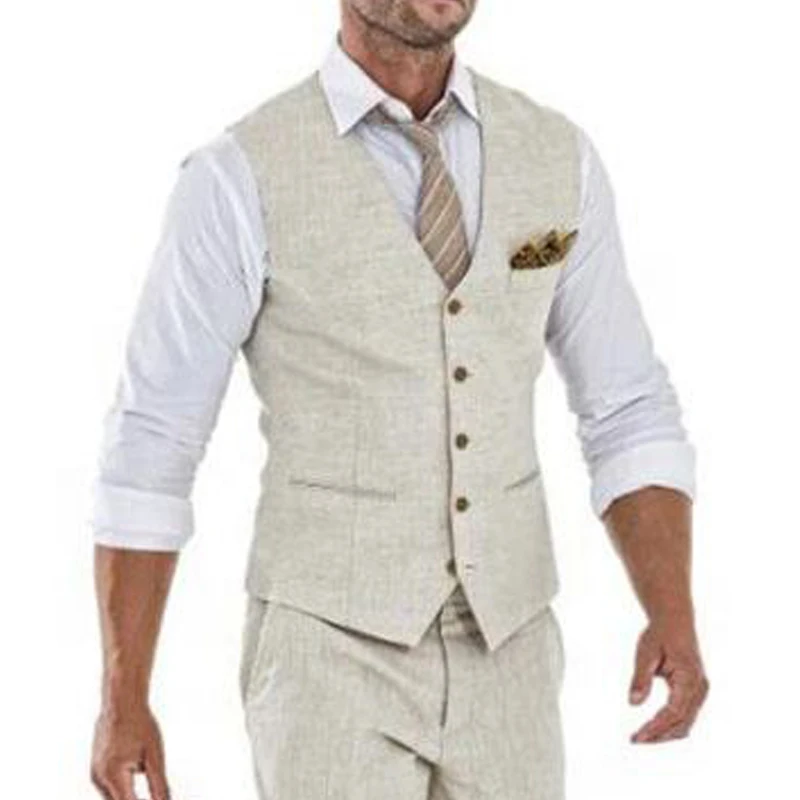 

Beige Linen Casual Waistcoat for Men Summer V Neck Single One Piece Suit Vests Male Fashion Coat New Arrival