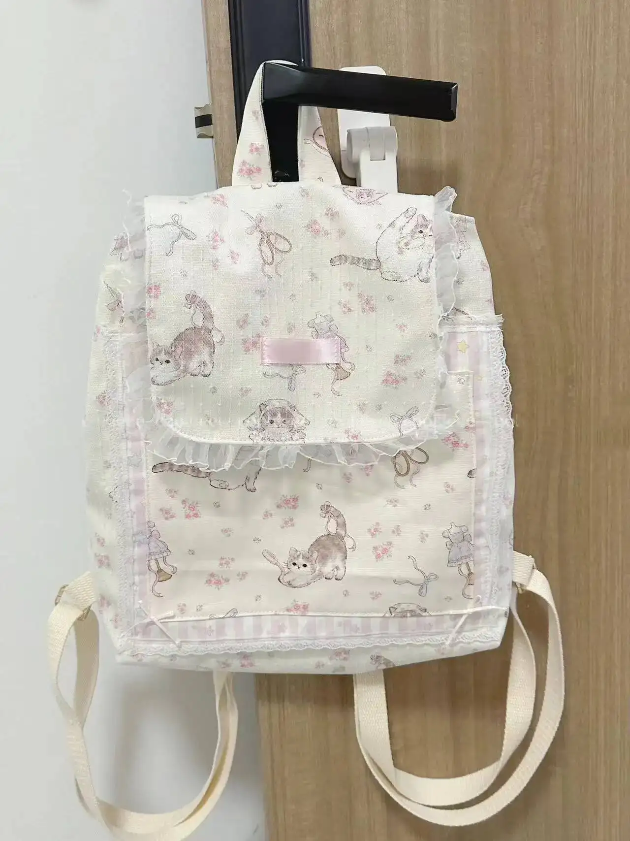 Bloom Sweet Cat Print Canvas Backpack Women Fairycore Aesthetic Lace Large Capacity Backpacks Girls Haruku Kawaii Mochila