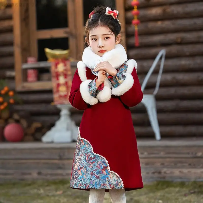 Girls' Winter Thicken Cheongsam Chinese Spring Festival New Year Red Qipao Dress Kids Photography Clothing Oriental Costume