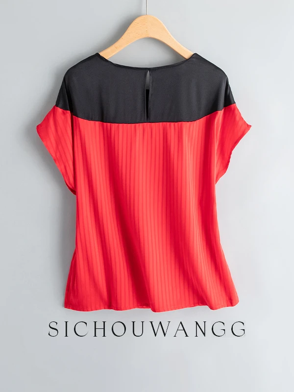 

Новая шелковая футболка с коротким рукавом для женщин, летняя, с красными вставками, топ