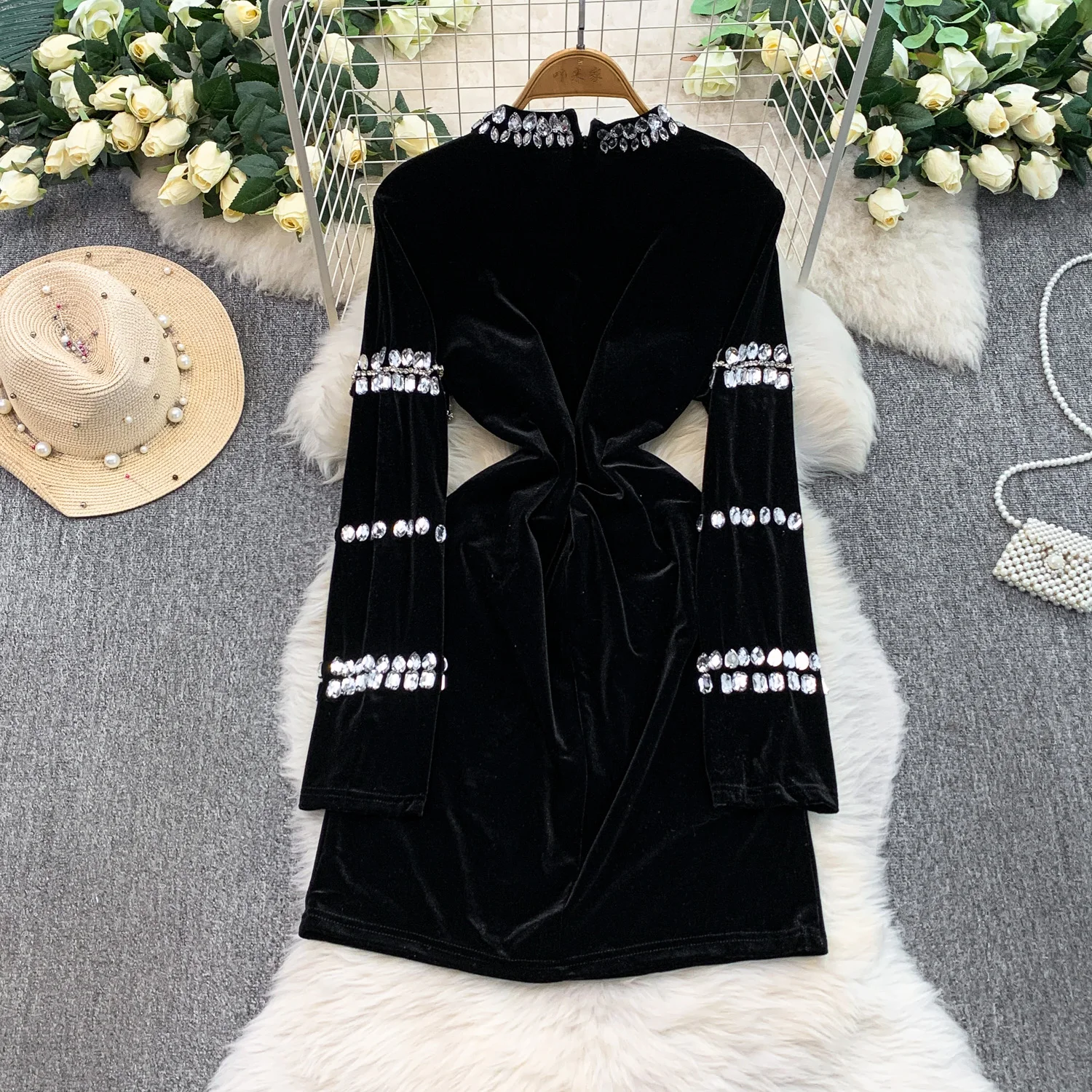 أنيقة خمر حجر الراين القطيفة طويلة الأكمام أنيقة الجنية الكورية أزياء الخريف فستان الشمس النساء الملابس #2