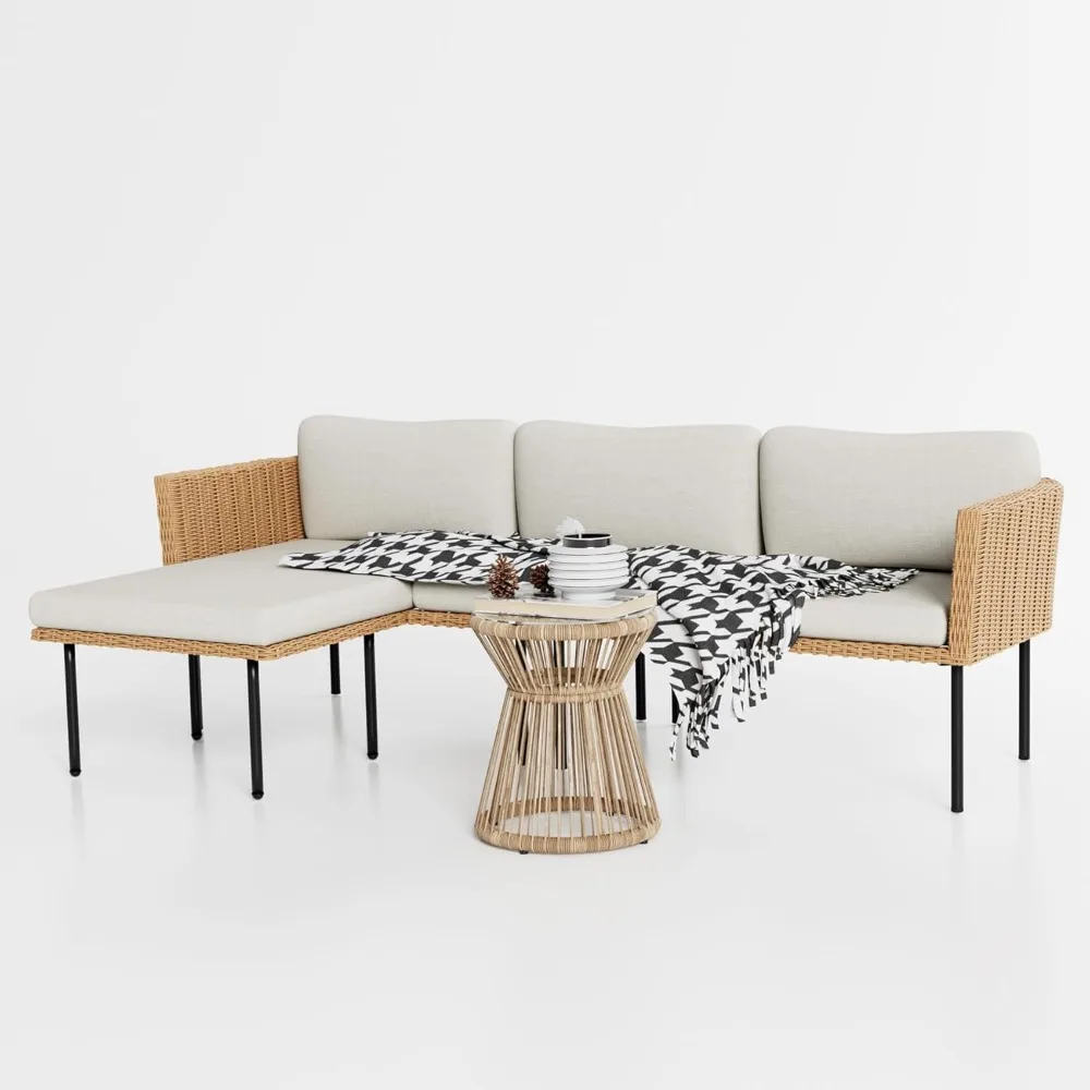 طقم أثاث للفناء مكون من 3 قطع، أريكة مقطعية خارجية على شكل حرف L مع وسائد سميكة، مجموعة محادثة من الروطان لجميع الأحوال الجوية