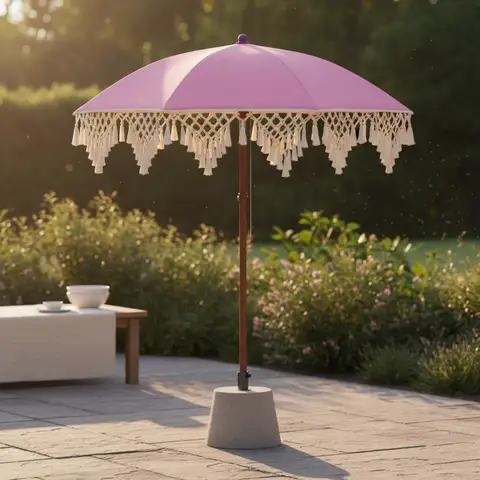 Tassel Patio Umbrella Tilt Function Tassel Beach Umbrella Garden Sunshade with Tassels Anti-Pinch Mechanism Bohemian Design