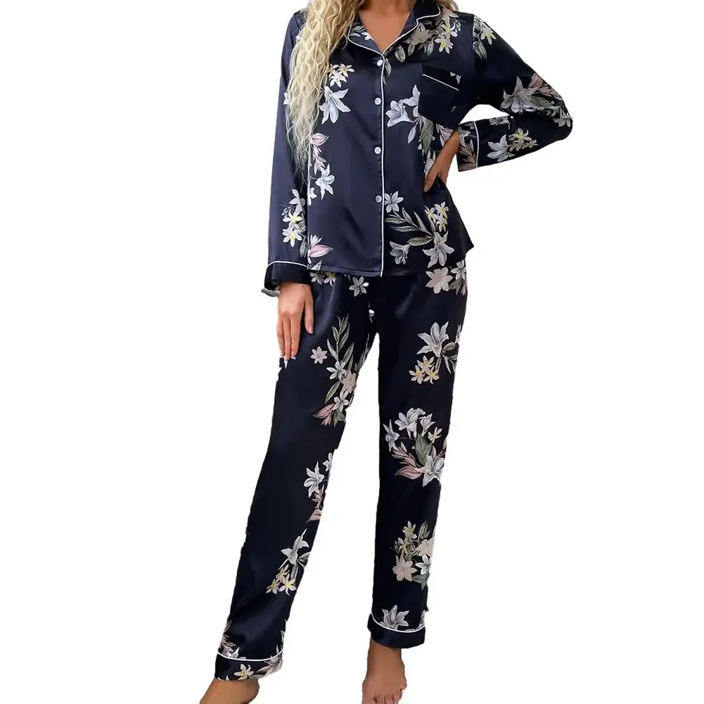 

Women Pajama Set Simulated Silk Sleepwear Long Sleeve Buttoned Homewear Loose Breath Underwear Casual Smooth Lingerie Set