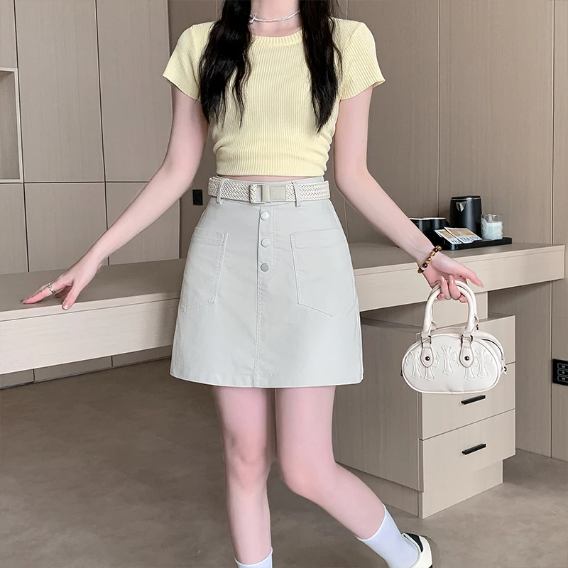 

plus Size Women's Loose Fit Single Button High Waist Elastic Pure Color Short Pants Summer New Style Slimming Color Skort