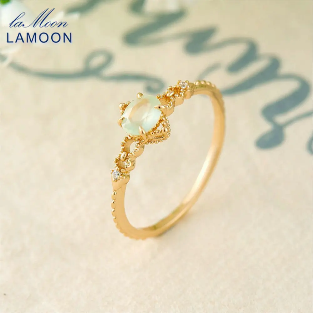 LAMOON Vintage Natural Prehnite Gemstone Ring For Women Romantic Elegant 925 Sterling Silver Gold Plated Fine Jewelry Gift