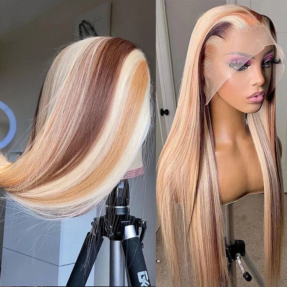 

Ombre Коричневый Блондин Выделенная Кость Прямой Парик Фронта Шнурка Синтетический Парик Шнурка 13x4 HD Бесклеевой Предварительно Сорванный Парик Для Ежедневного Использования Вечеринка