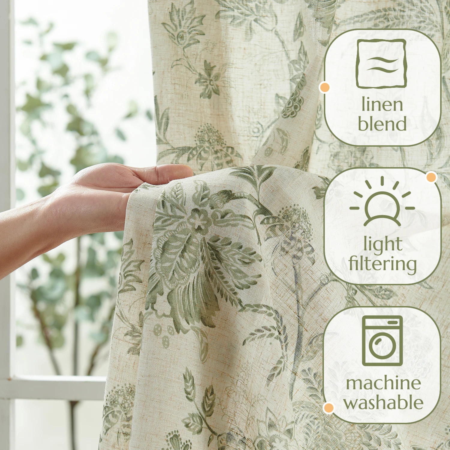 JINCHAN 1 Panel Linen Floral Curtains for Living Room with Printed Flower Light Filtering Curtains, Luxury Curtains Green