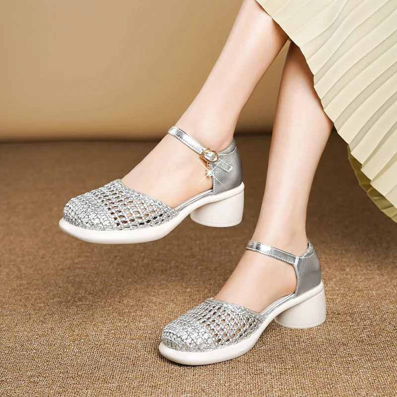 

5cm Breathable Round Head Genuine Leather Sandals Cutout Hole Shoes Women 2025 Summer Med Block Heels Sandals Office Mom Girls