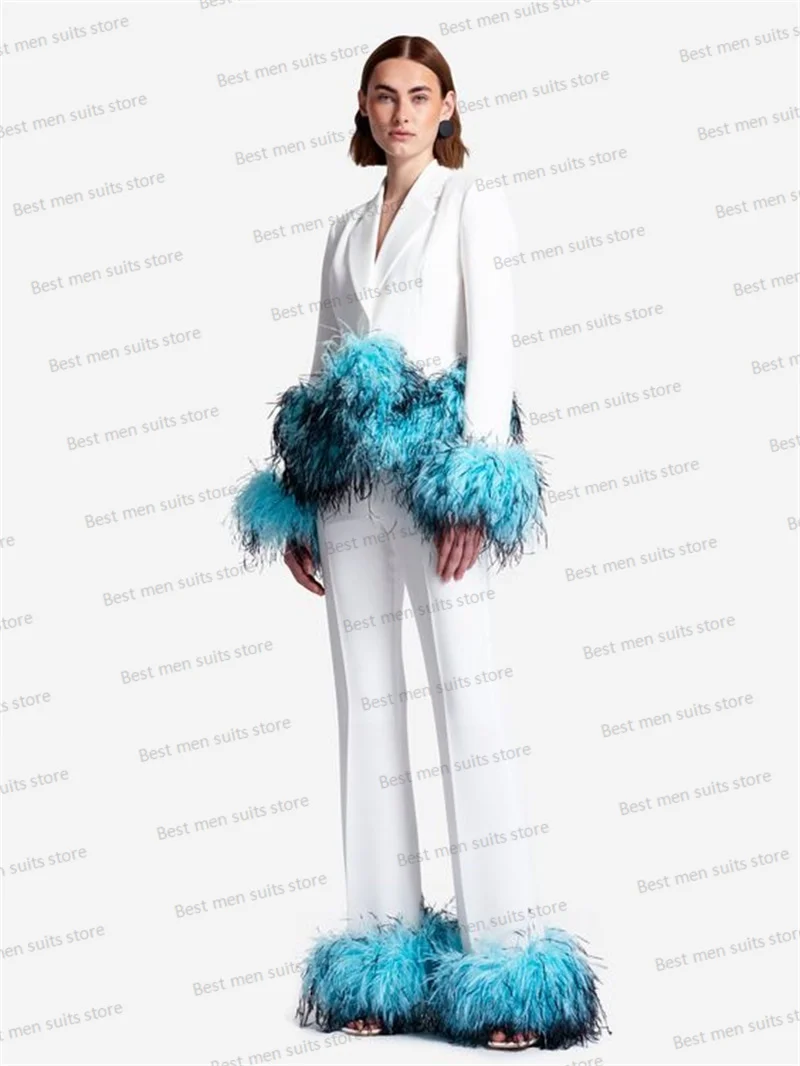 Conjunto de traje de pluma de avestruz hinchada para mujer, Blazer y pantalones de 2 piezas, chaqueta de lujo para invitados de fiesta, vestido de graduación de boda, hecho a medida