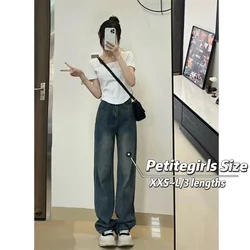 American Retro Legs Long Jeans Women's Summer 150cm Petite girls Tall Waist Loose Straight Leg Wide Leg Pants XS Appear High