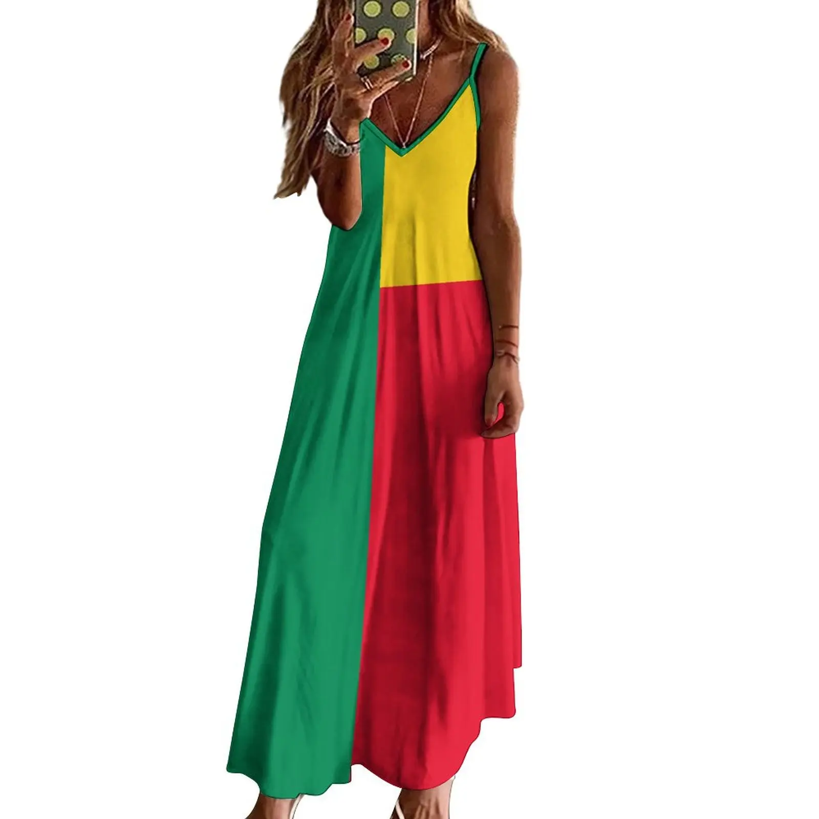 Lange Kleider Kleid Benin Flag Print neue lässige ärmellose Damen V-Ausschnitt bedruckte Kleid Swing Retro-Kleider