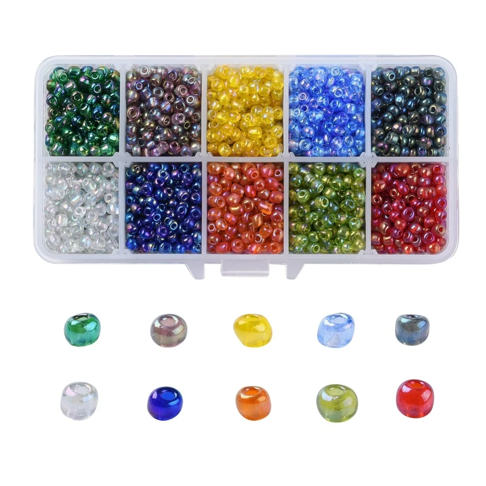 3000Pcs/box Round Glass Seed Beads Transparent Colors Rainbow Round for DIY Bracelets Earring Making Supplies Componments - 4mm