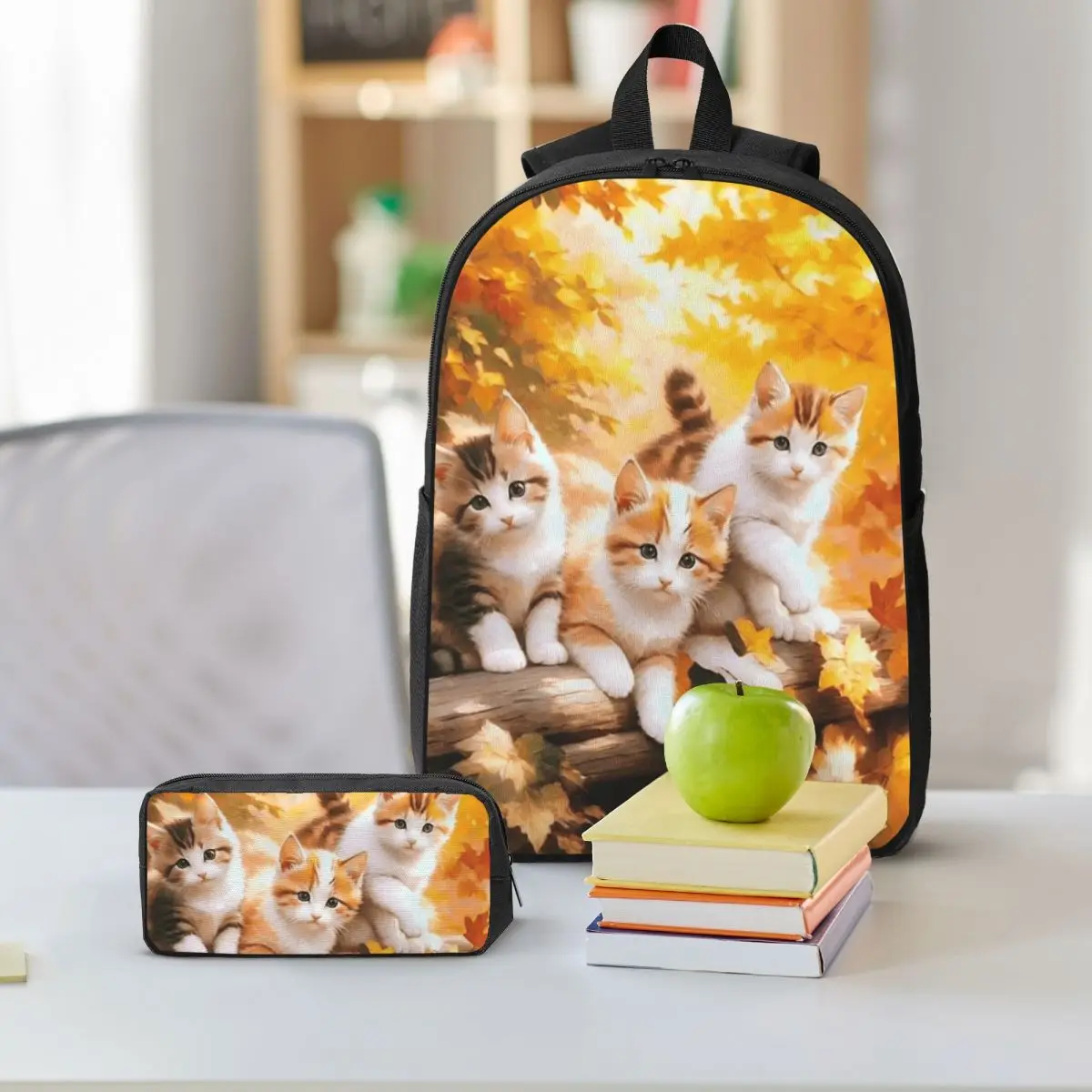 Cute Three Kittens In Autumn Branch Backpack Boys Girls BookBag School Bag Shoulder Bags 3ps Insulated Lunch Bag Pencil Case