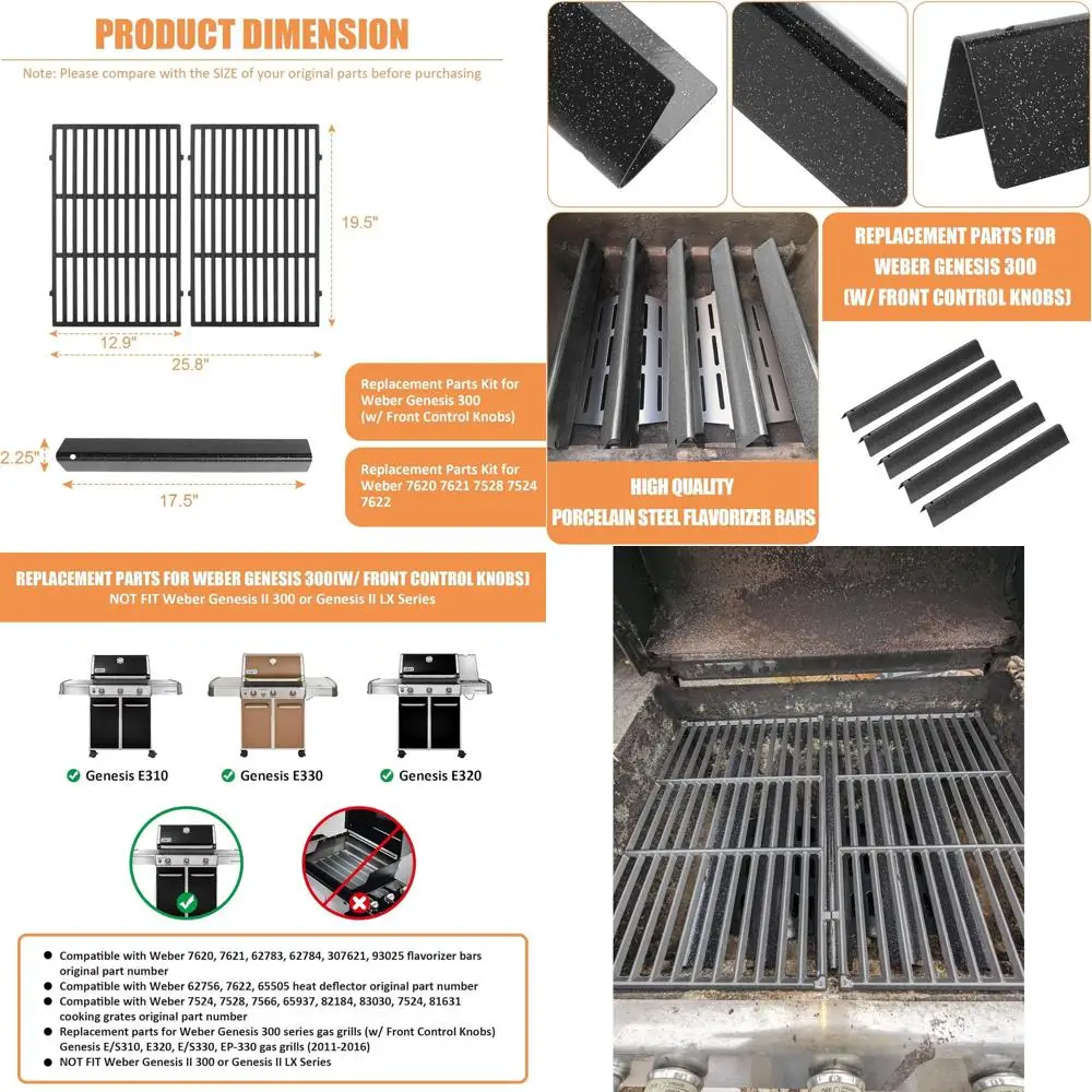 

Weber Genesis 300 Series Grill Parts: 7524/7528 Grates & 7621/7620 Flavorizer Bars for 300, 310, 330 Models with Front Controls