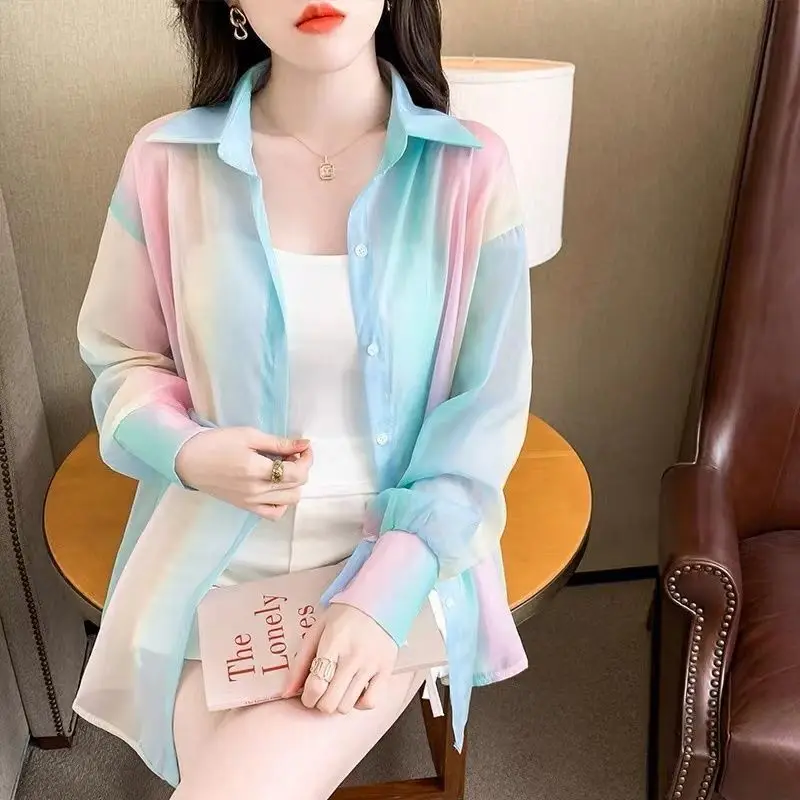 Fashionable Super Fairy Long Sleeved Rainbow Sunscreen Chiffon Shirt for Women\'s Summer New Loose Thin Outer Air Conditioned Top