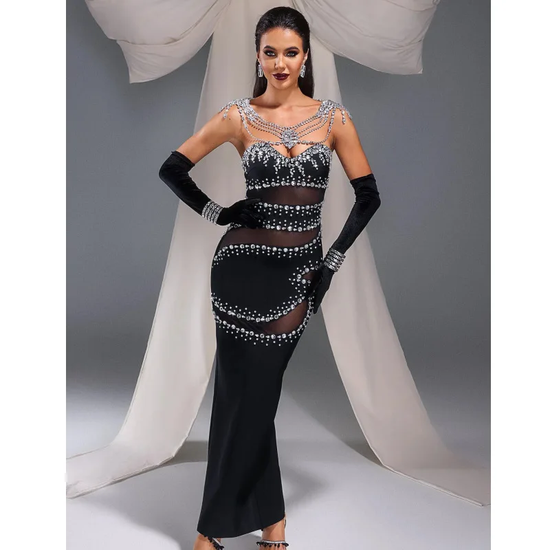 Abito dalla fasciatura delle nuove donne di arrivo 2025 con strass Abito senza spalline trasparente sexy Abito da sera con fasciatura per feste di lusso