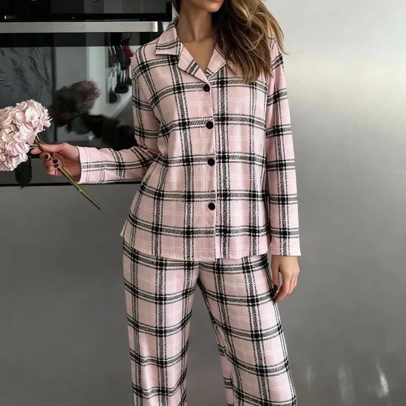 

Women's Plaid Pajamas Set Long Sleeve Lapel Top And Trousers 2 Piece Sleepwear Autumn Casual Button Loungewear
