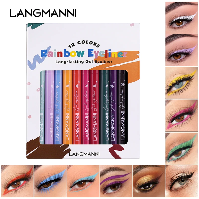 Langmanni 12 color eyeliner pencil set, stain free, matte eyeliner pencil set, rotatable