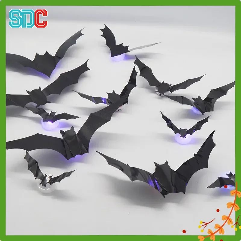12/24pcs Halloween 3d Bat Decor Halloween Led Light Wall Sticker Bat Night Light For Halloween Party Scare Decoration Festive