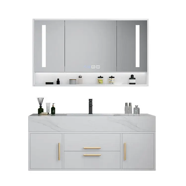 Wall Mounted Solid Wood Bathroom Vanity Cabinet With Smart Mirror Integrated Wash Basin For Hotel Home