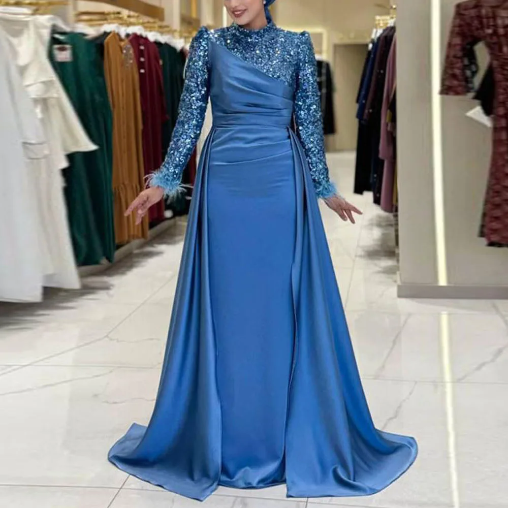

Customized Vintage Abiye Evening Dresses Sequin Feather Sleeve Muslim Evening Gown Detachable Train Blue Islamic Maxi Dress