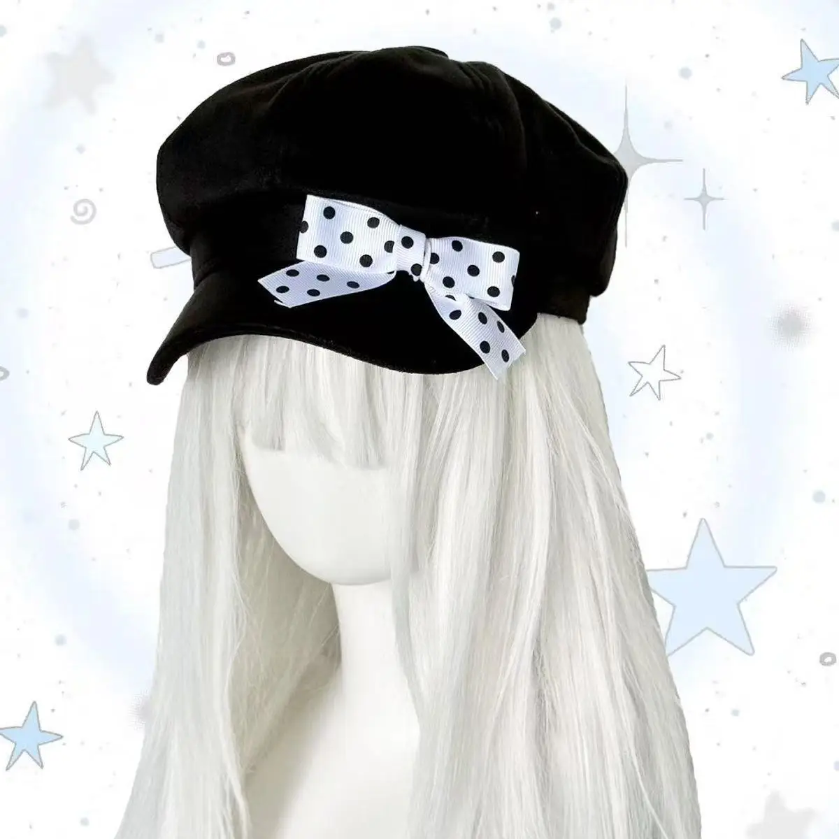 Y2K Sweet Cool Spice Girl Style Retro Fashion Headwear Polka Dot /Music Note Bow Octagonal Hat Painter Basin Caps