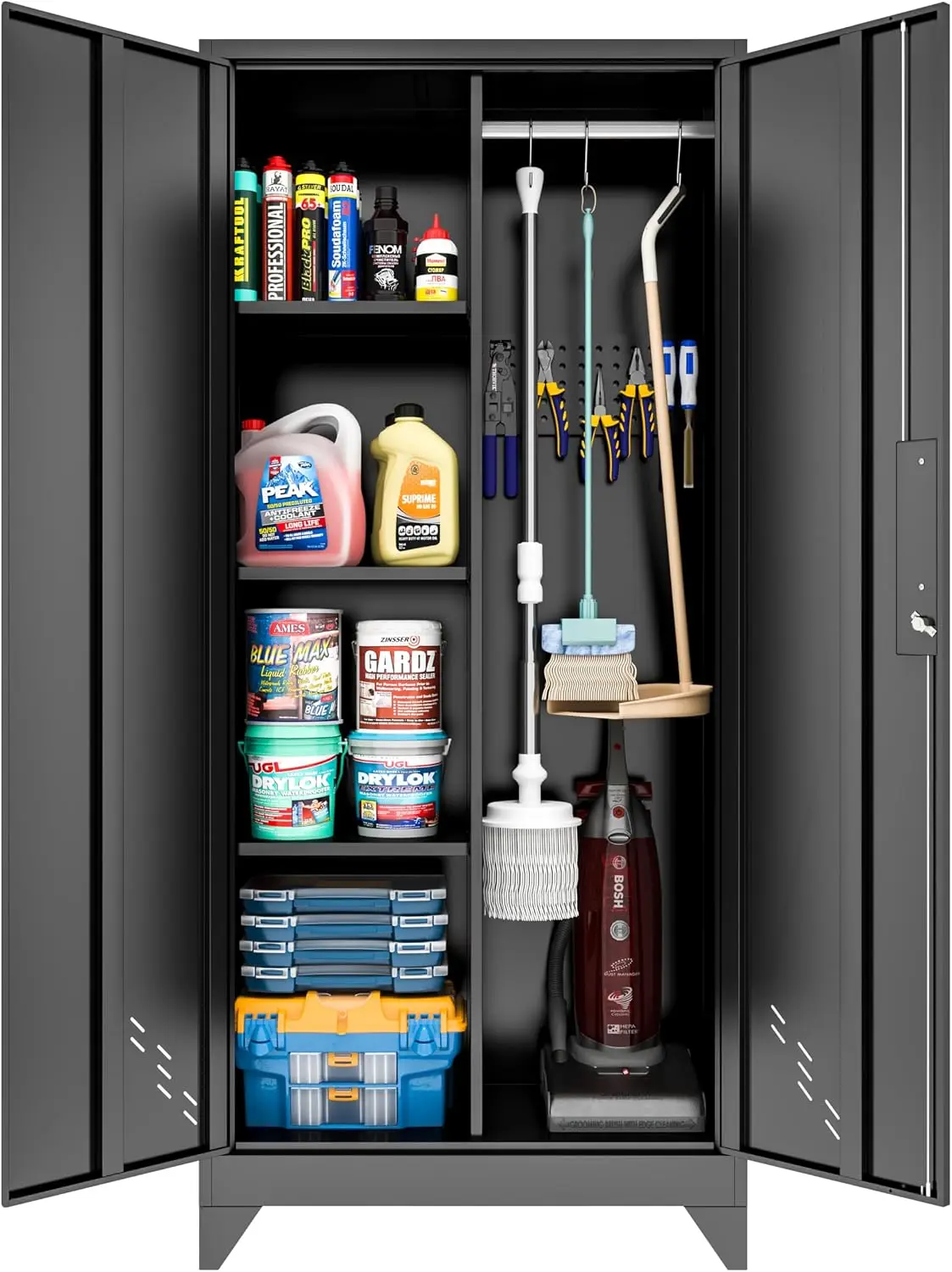 Metal Garage Storage Cabinet, Lockable Steel Tool Organizer Cupboard, Utility Room And Home Broom Closet, Built In Pegboard And Hanging Rod With Security Lock, Industrial Modern Style, Classic Black