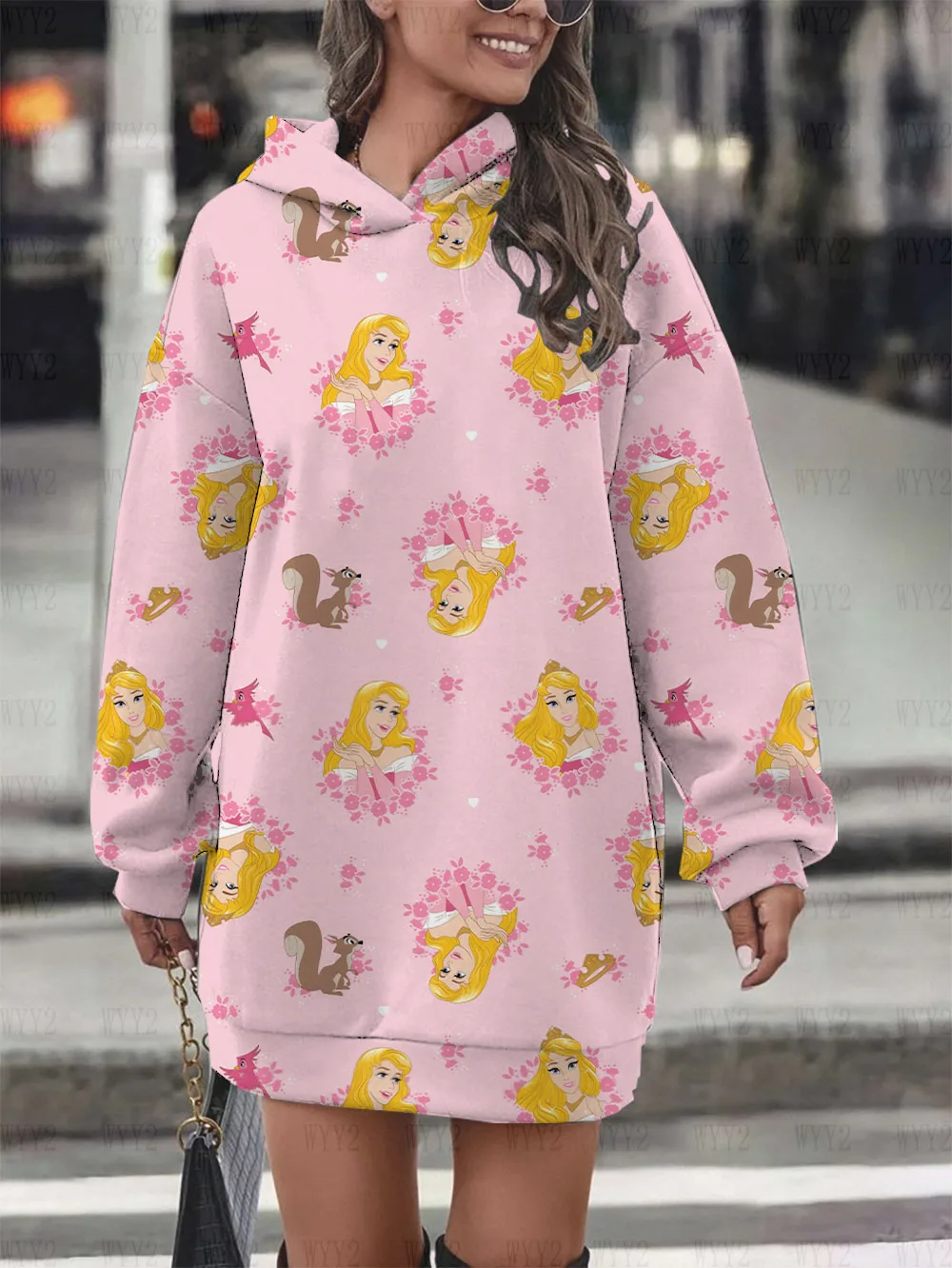 2025 New Women's Long Sleeve Hoodie Dress Disney Aurora Sleeping Beauty Princess Print Fashion Autumn and Winter Hoodie