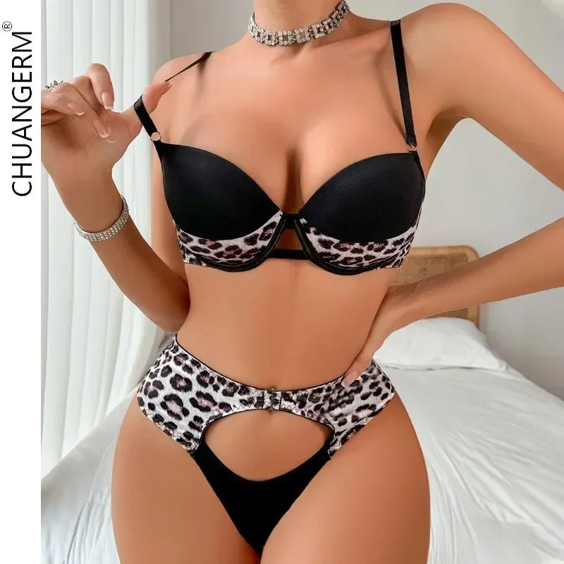 CHUANGERM Leopard Pattern Bra Lingerie Sexy Women\'s Underwear Set Hollow Out Spliced Comfortable and Breathable Lace Panty Sets