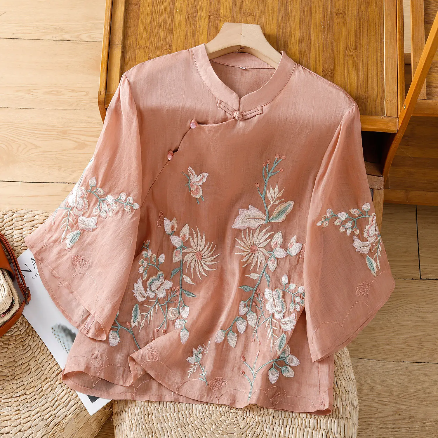 Traditional Chinese Shirts Women Summer Thin Stand Collar Frog Buttons Embroidery Half Sleeve Cotton Linen Tops  Hanfu TS-884
