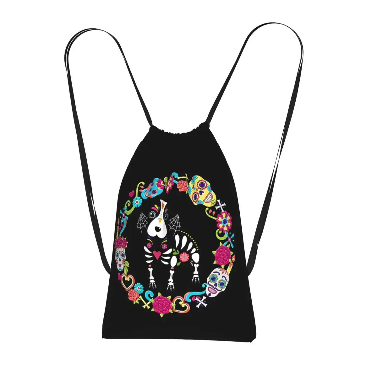Dog Dias De Los Muertos Day Of The Dead Drawstring Backpack hiking cycling Bag Portable Travel Drawstring Bag for Men Women
