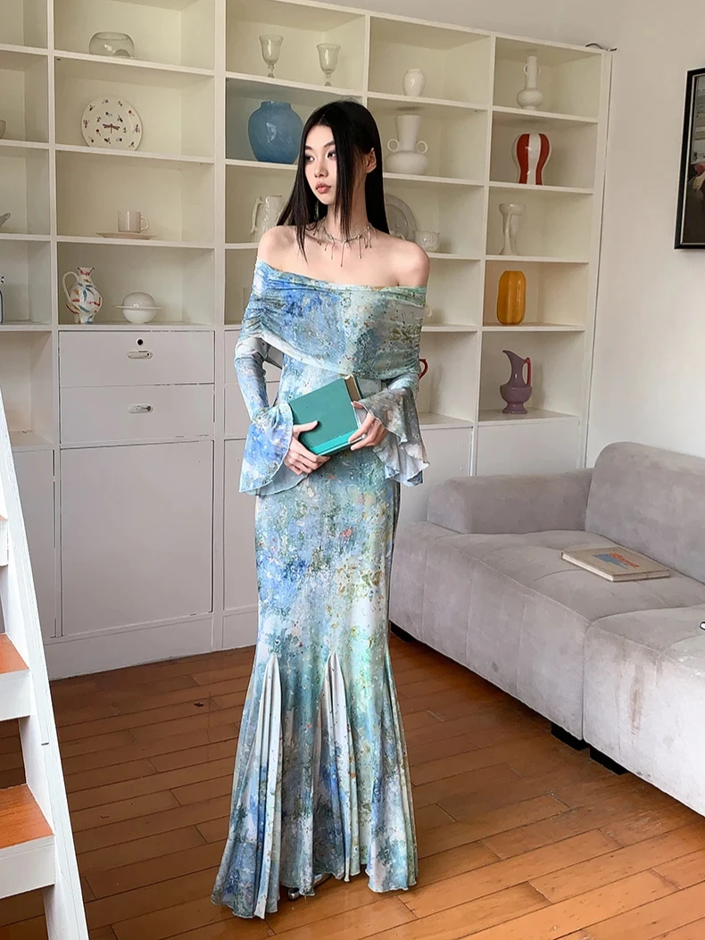 CHEERART Off The Shoulder Backless Tie Dye Long Mermaid Dress Women Mesh Long Sleeve Tunics Maxi Dress Party Evening Elegant