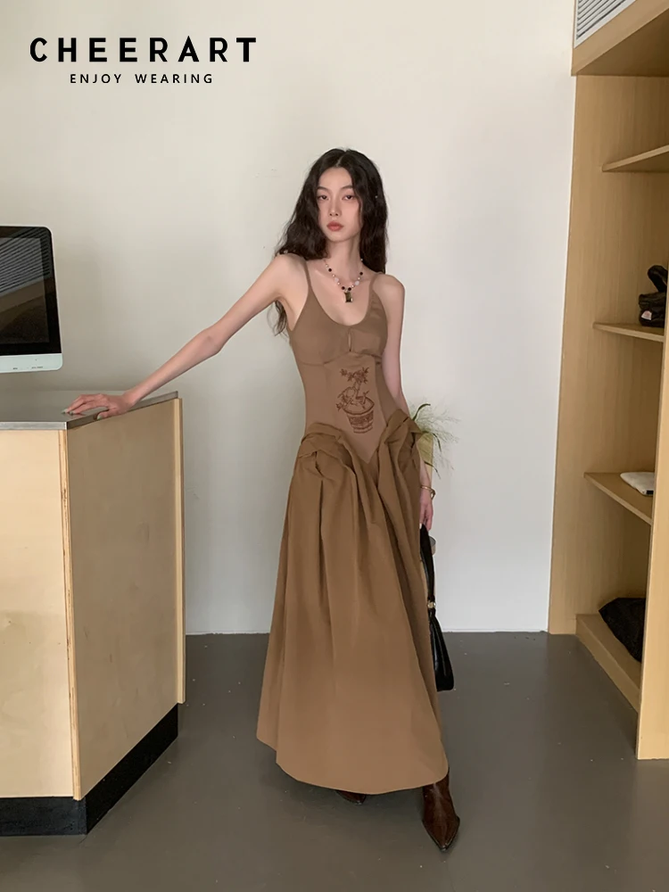 CHEERART Brown Embroidered Vintage Maxi Dress For Women Backless Long Tunics Dress Party Evening Elegant Luxury Celebrity