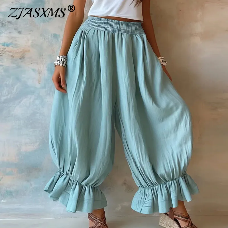Women Elastic High Waist Ruffle Harem Pants Solid Waistband Tiered Baggy Frill Cuff Bohemian  Spring Autumn Casual Loose Trouser