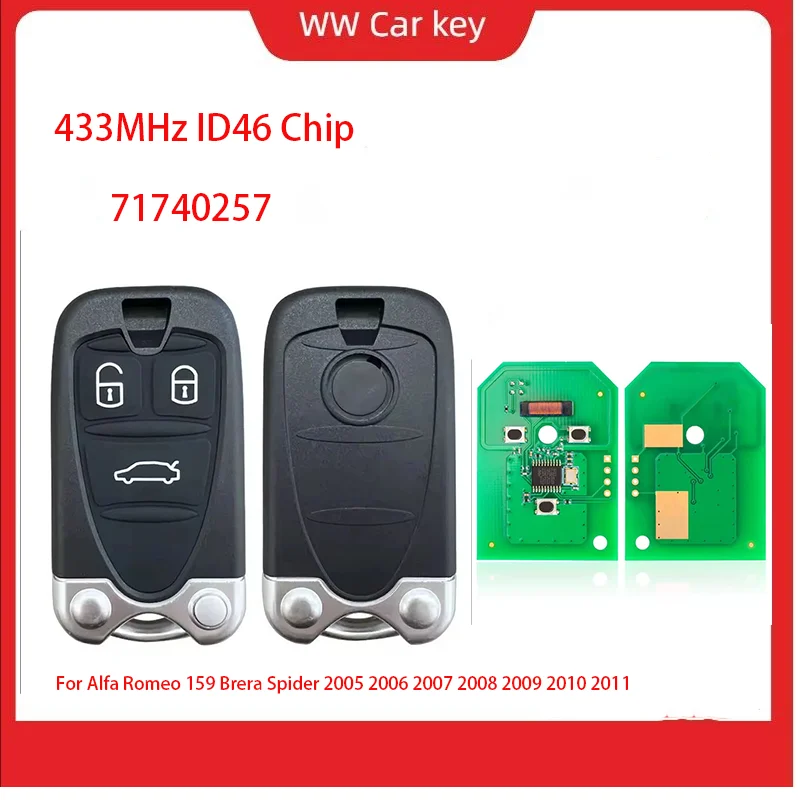 

WW Smart Key Remote 71740257 3 Buttons 433MHz ID46 Chip For Alfa Romeo 159 Brera Spider 2005 2006 2007 2008 2009 2010 2011